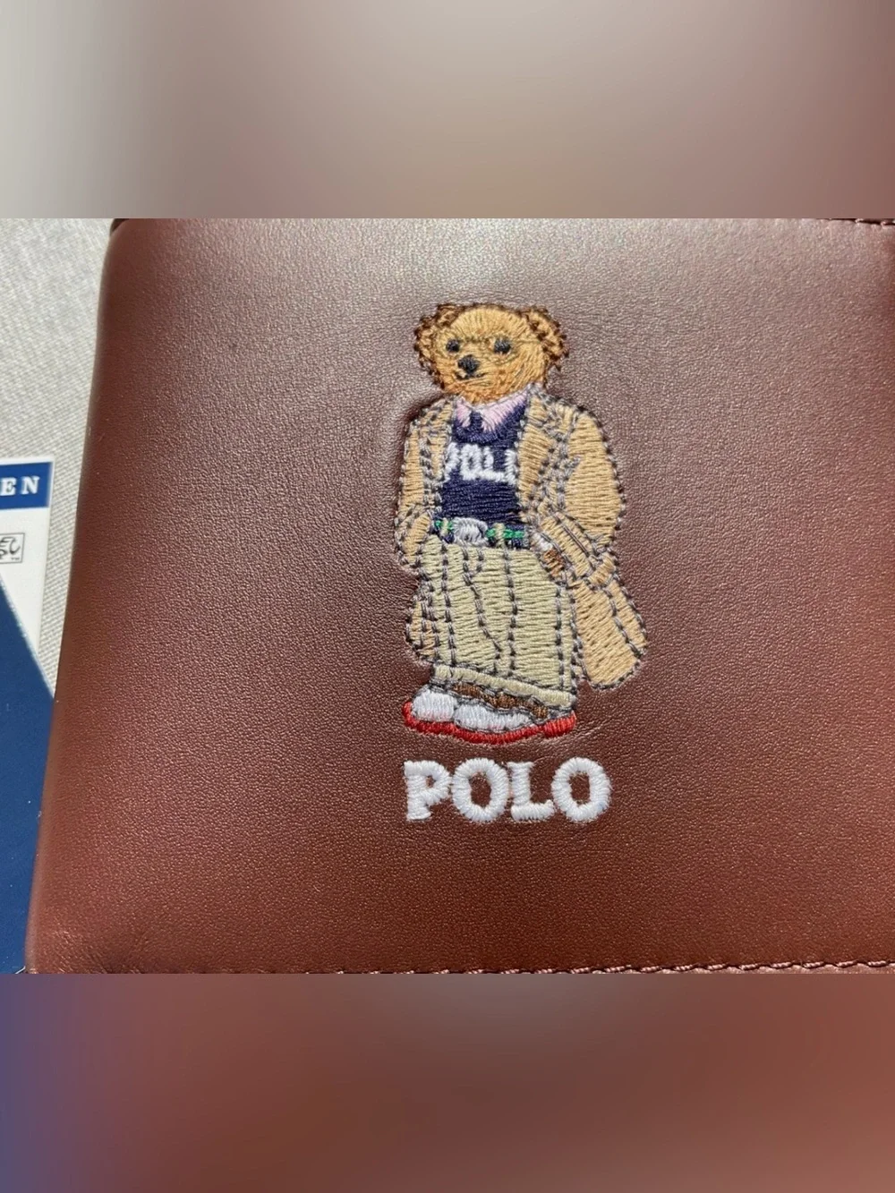 NWT Polo Ralph Lauren Brown COLLEGIATE BEAR Leather Double Billfold Wallet